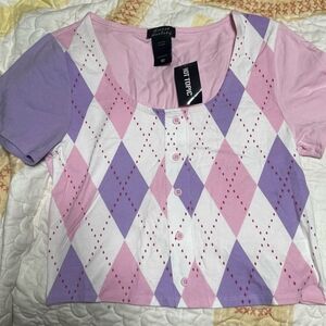 Hot Topic Pink/White/Purple Argyle Scoop Neck Crop Top W/Pink Button Front (M)